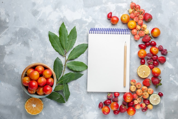 Vista superior de ciruelas amargas con limón y otras frutas Bloc de notas en el escritorio de luz