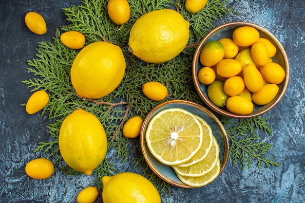 Vista superior de la colección de frutas cítricas frescas orgánicas naturales cortadas y enteras en ramas de abeto sobre fondo oscuro