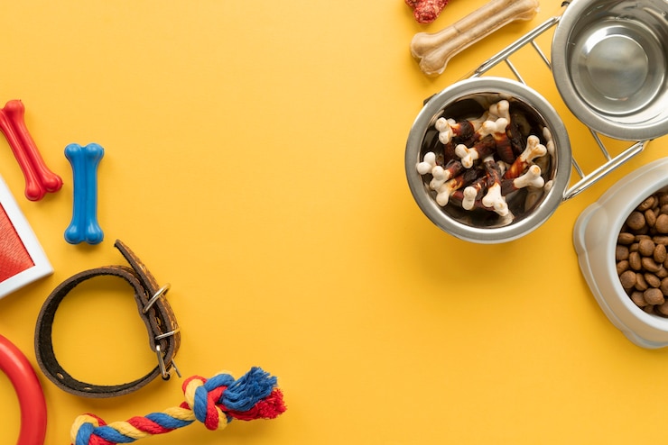 Foto gratuito vista superior de comida para mascotas con juguetes.
