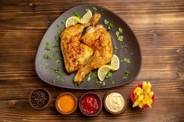 Vista superior de la comida rápida en el plato de pollo con limón y hierbas en el plato junto a los tazones de fuente de papas fritas, pimienta negra y salsas en la mesa oscura