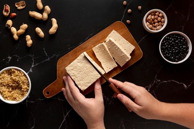 Vista superior de la composición de la comida rica en proteínas