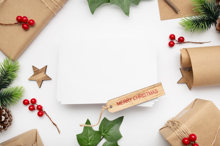 Foto gratuito vista superior de la composición navideña con caja de regalo, cinta, ramas de abeto, conos, anís en mesa blanca
