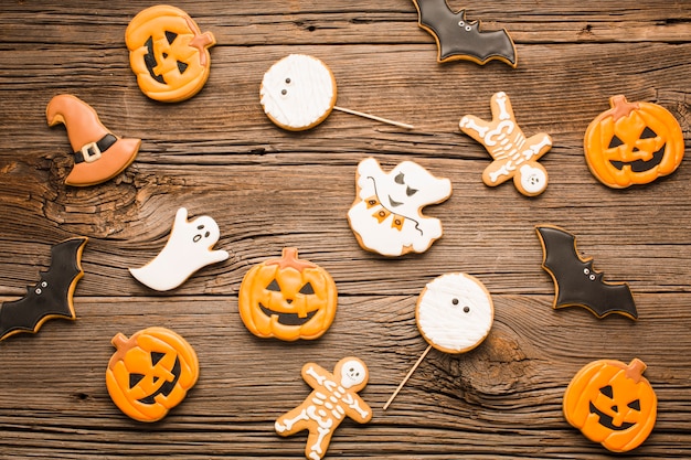 Vista superior conjunto de galletas de halloween