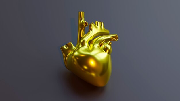 Vista superior del corazón dorado anatómico