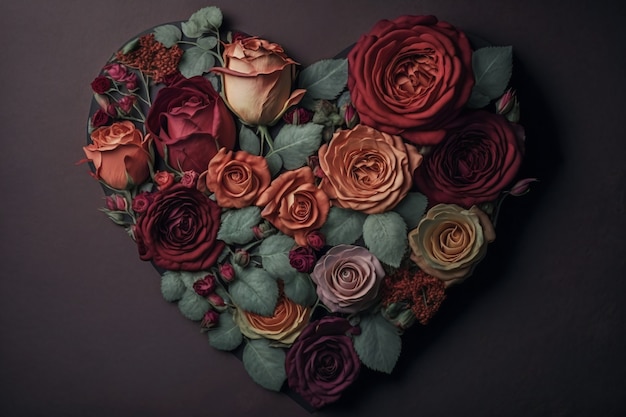 Vista superior del corazón hecho de flores florecientes