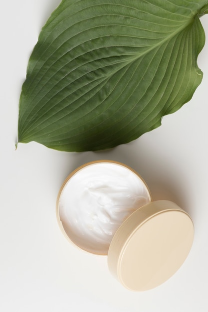 Vista superior de una crema y hojas con fondo blanco.