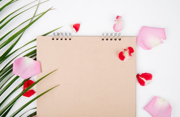 Vista superior de un cuaderno de bocetos y clips de papel con una hoja de palma y pétalos de rosas sobre fondo blanco.