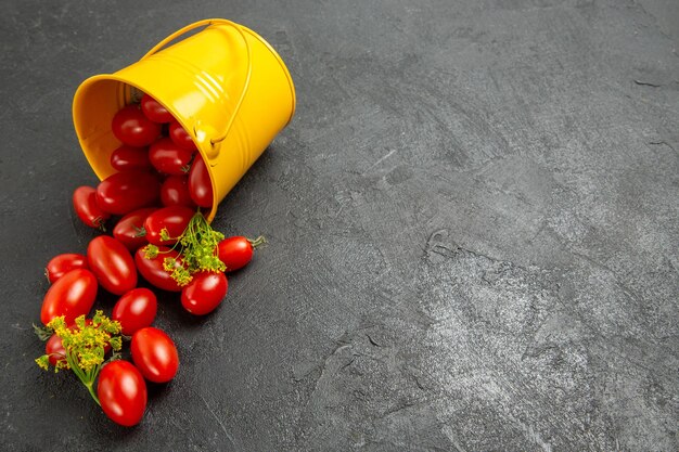 Vista superior del cubo volcado lleno de tomates cherry y flores de eneldo a la izquierda de la superficie oscura