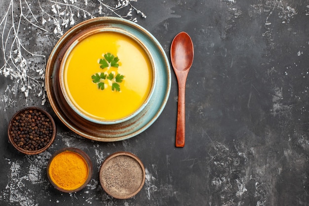 Vista superior de la deliciosa sopa de calabaza en un tazón