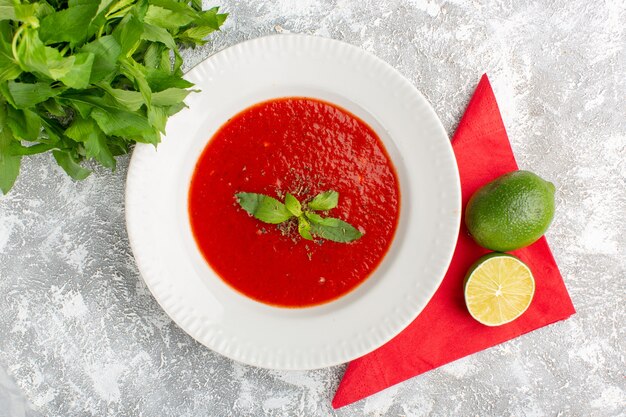 Vista superior deliciosa sopa de tomate con limón y verduras en la mesa gris, cena de sopa de verduras