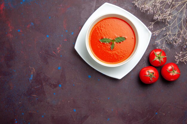 Vista superior deliciosa sopa de tomate sabroso plato con una sola hoja dentro de la placa sobre el fondo oscuro plato salsa tomate color sopa comida