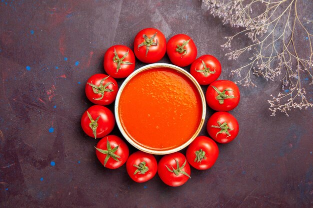 Vista superior deliciosa sopa de tomate con tomates rojos frescos en el plato de cena de comida de sopa de tomate de fondo oscuro