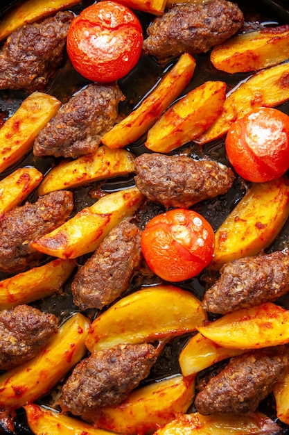 Vista superior de deliciosas chuletas de carne al horno con patatas y tomates