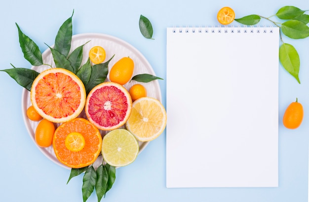 Vista superior deliciosas frutas con notebook
