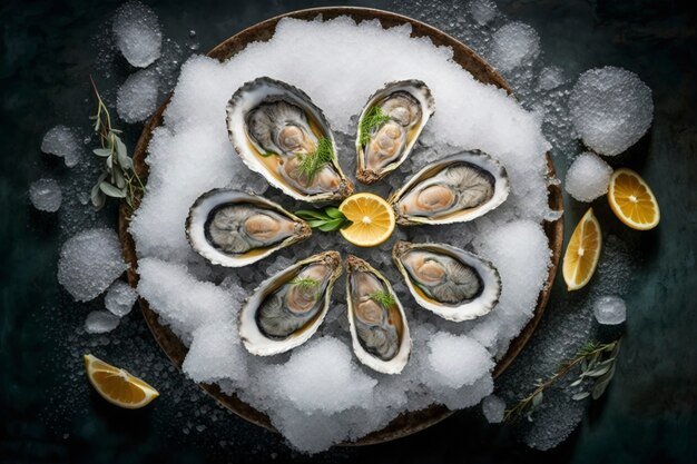 Vista superior deliciosas ostras en hielo
