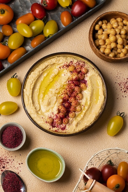 Foto gratuita vista superior delicioso hummus en plato