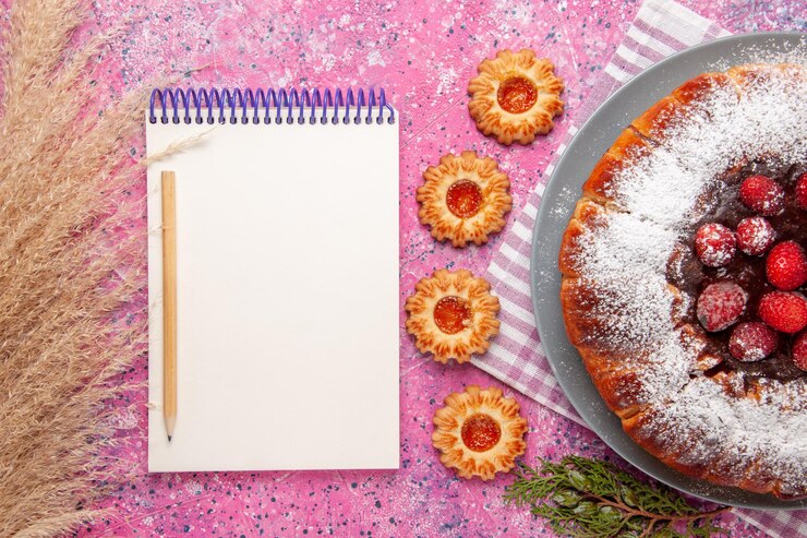 Foto gratuito vista superior delicioso pastel de fresa con bloc de notas y sobre superficie rosa claro