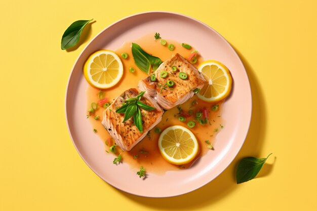 Vista superior delicioso pescado mahi mahi con limón