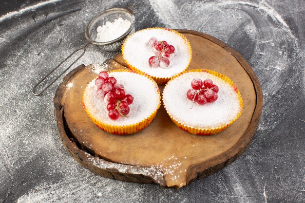 Vista superior de deliciosos pasteles de arándano con arándanos rojos en la parte superior trozos de azúcar y pastel de fondo gris galleta dulce hornear