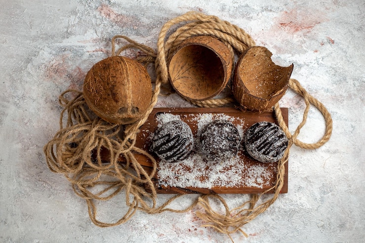 Foto gratuito vista superior de deliciosos pasteles de chocolate con coco en la superficie de color blanco claro