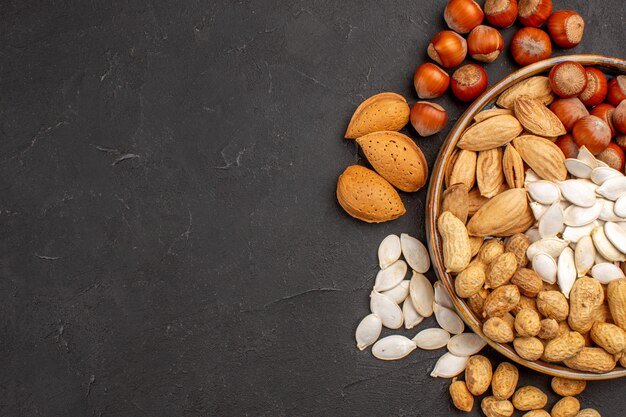 Vista superior de diferentes nueces nueces frescas dentro de la bandeja sobre una superficie oscura