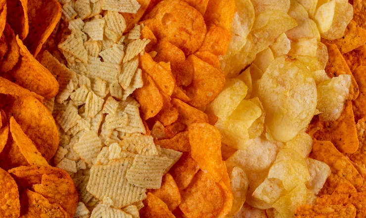 Foto gratuito vista superior diferentes tipos de chips textura horizontal