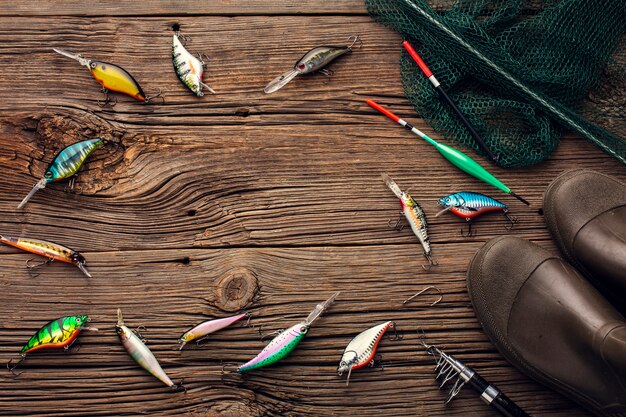 Vista superior de los elementos esenciales de la pesca.