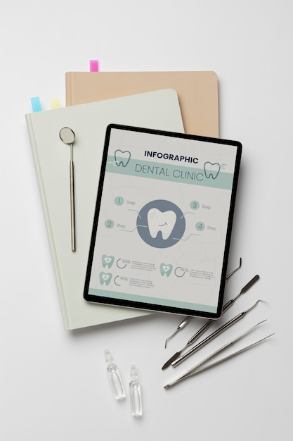 Vista superior de los elementos de orientación profesional para dentistas