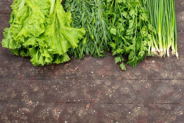 Vista superior ensalada verde con verduras en marrón, hoja verde vegetal