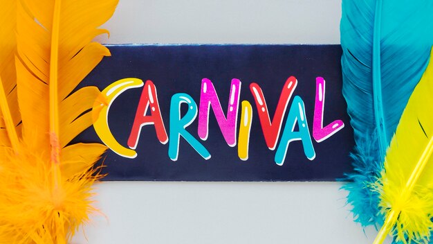 Vista superior de la escritura de carnaval con plumas multicolores
