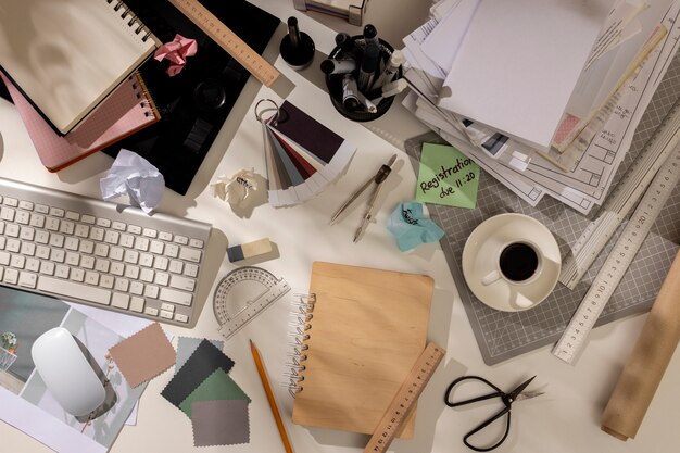 Vista superior del espacio de trabajo de oficina desordenado con papelería