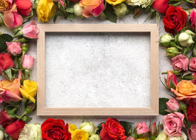 Vista superior de flores de colores con marco en blanco