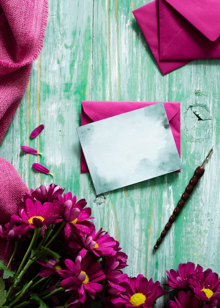 Foto gratuito vista superior flores de primavera y tarjeta de felicitación
