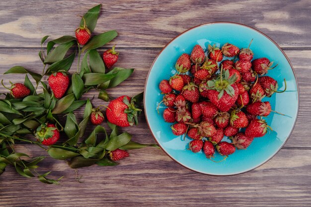 Vista superior de fresas frescas maduras en un plato azul y hojas verdes en rústico