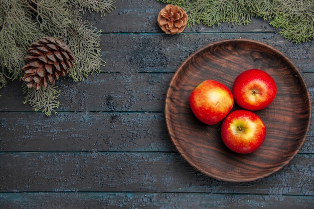 Vista superior de las frutas en un tazón con tres manzanas debajo de las ramas con conos