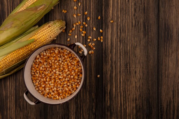 Vista superior de granos de maíz orgánicos en un recipiente con callos frescos con pelo aislado en una mesa de madera con espacio de copia