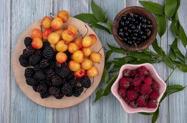 Vista superior de grosella negra con frambuesas en tazones con cerezas blancas y moras en un soporte sobre una superficie gris