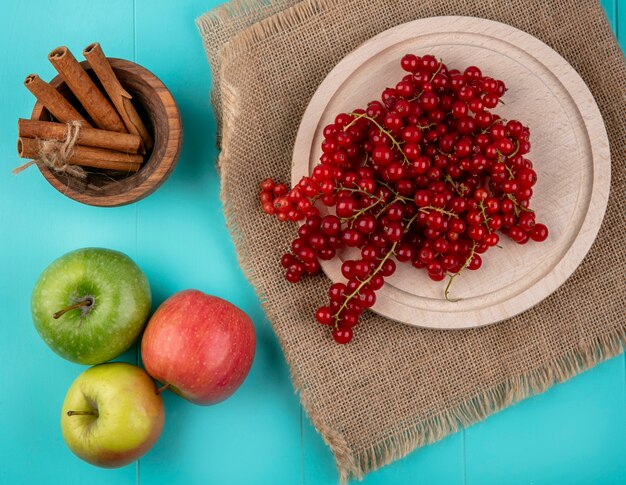 Vista superior de grosella roja en un plato con manzanas y canela sobre un fondo azul claro