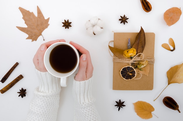 Vista superior hojas de otoño con café