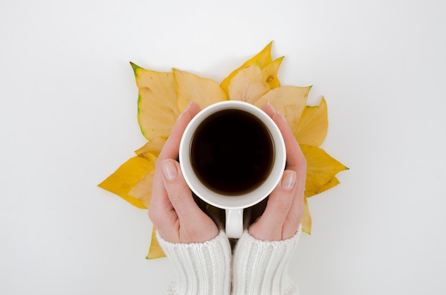 Vista superior hojas de otoño con café