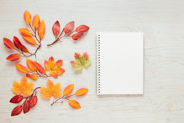 Vista superior de las hojas de otoño con un cuaderno.