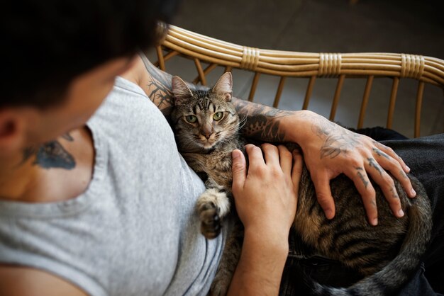 Vista superior hombre con lindo gato