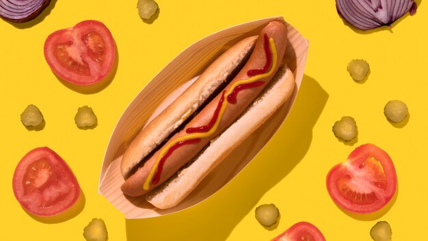 Vista superior de hot dog con pepinillos y verduras
