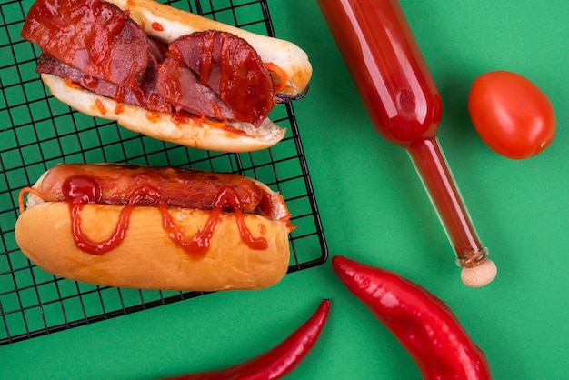 Vista superior de hot dog con salsa de tomate y chiles