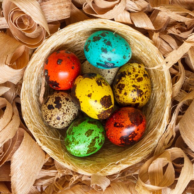 Vista superior de huevos de colores para pascua en canasta
