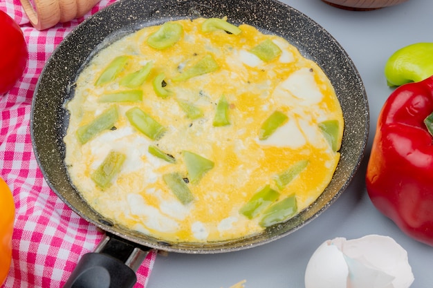 Vista superior de huevos fritos en una sartén con pimientos verdes sobre un mantel facturado sobre un fondo blanco.