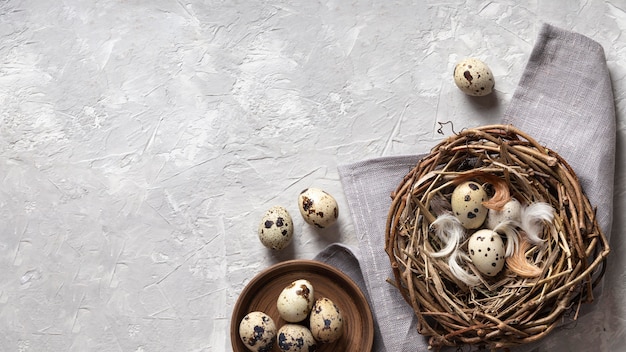 Vista superior de huevos de pascua con espacio de copia y nido de pájaro