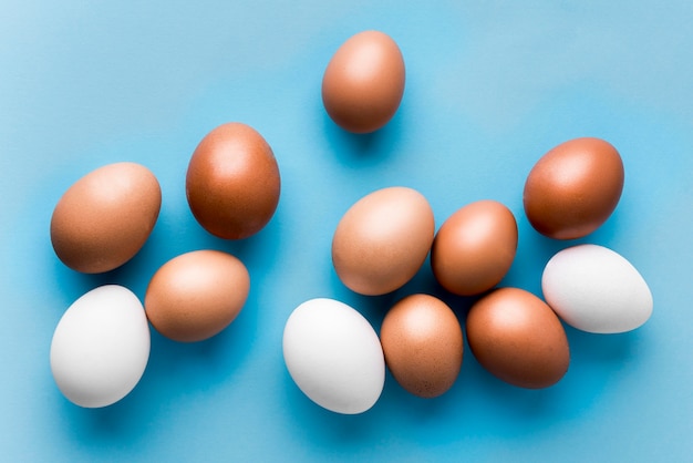 Vista superior huevos sobre fondo azul