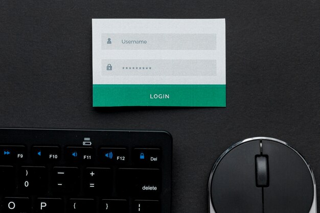 Vista superior de la información de nombre de usuario y contraseña con el mouse y el teclado