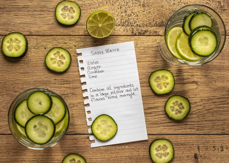 Foto gratuito vista superior de ingredientes alimentarios con pepino y cítricos.
